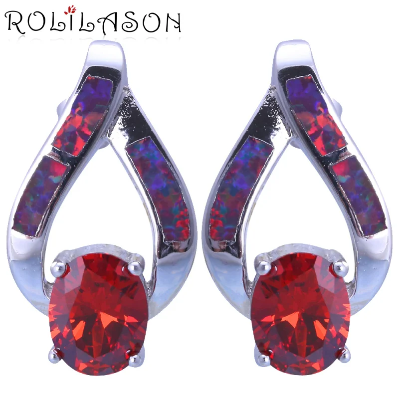 

ROLILASON Wedding gift red zircon red Fire Opal silver stud Earrings Fashion Opal Jewelry for Lover wedding OES676