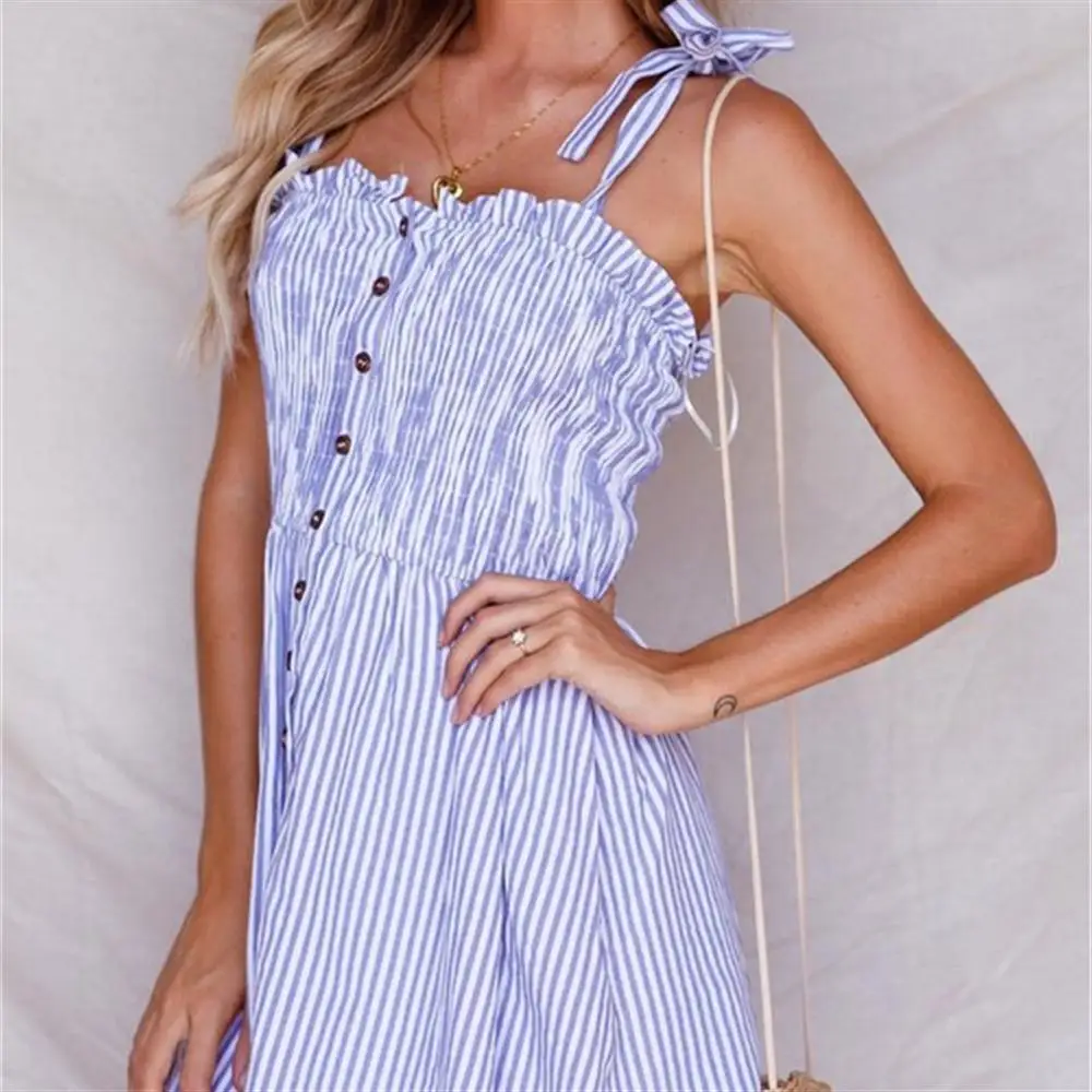 2018 Сексуальная Спагетти ремень Лето полосой печати Для женщин платья на