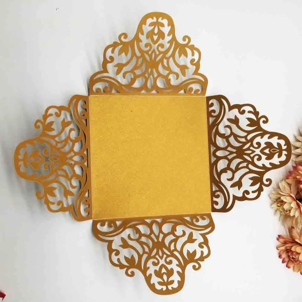 

40Pcs Laser Cut Four Folded Gold wedding Invitations Cards Birthday Greeting Card unique Invite Carnival Decoration Supplies