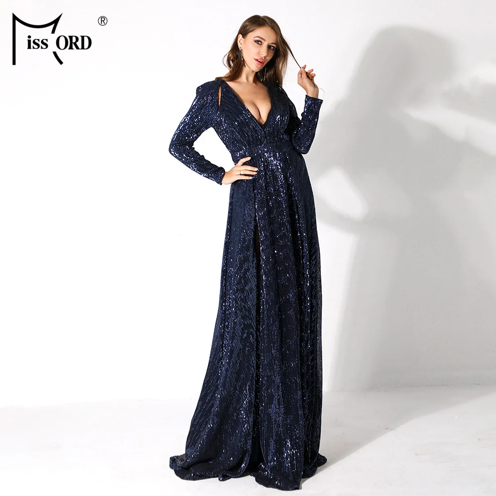 Missord Women Sexy Deep-V Long Sleeve High Split Dress Female Sequin Elegant Party Maxi Reflective Dress FT9707-3