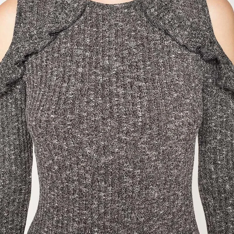 Asmax одежда однотонная серая вязаное платье тонкий Высокая Талия Cold Shoulder Dress Crew