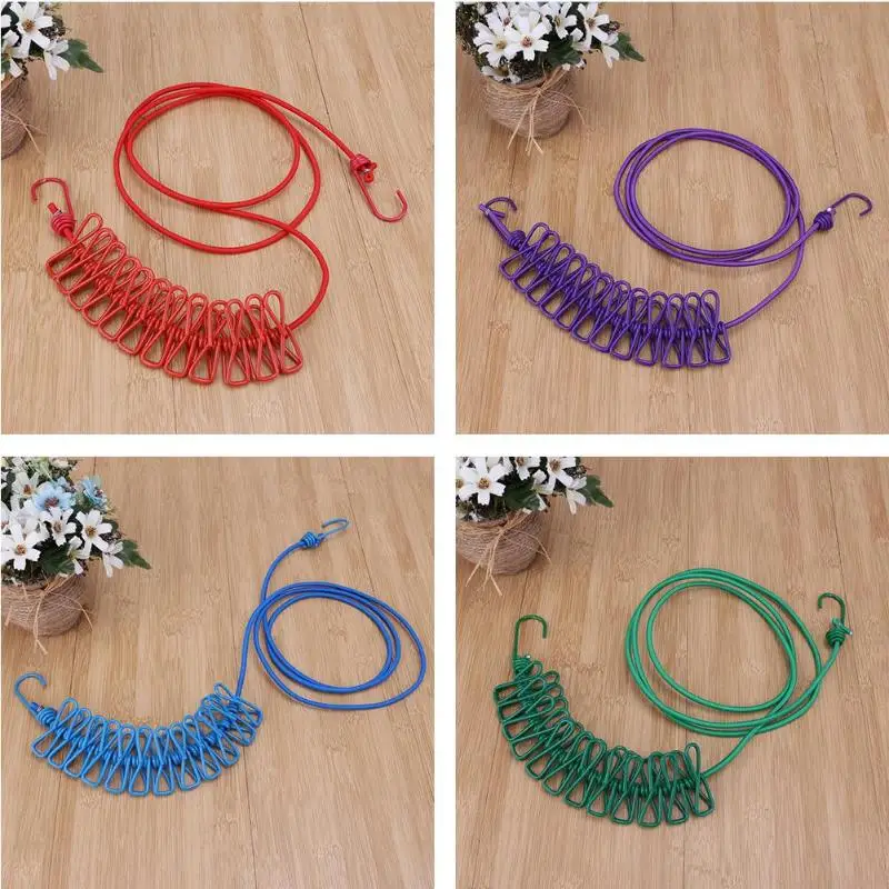 1.7m Outdoor Portable Clothes Line Camping Travel Stretchy Clothesline 12 Clips Travel Rope Washing Line Drying Clothes Hanger