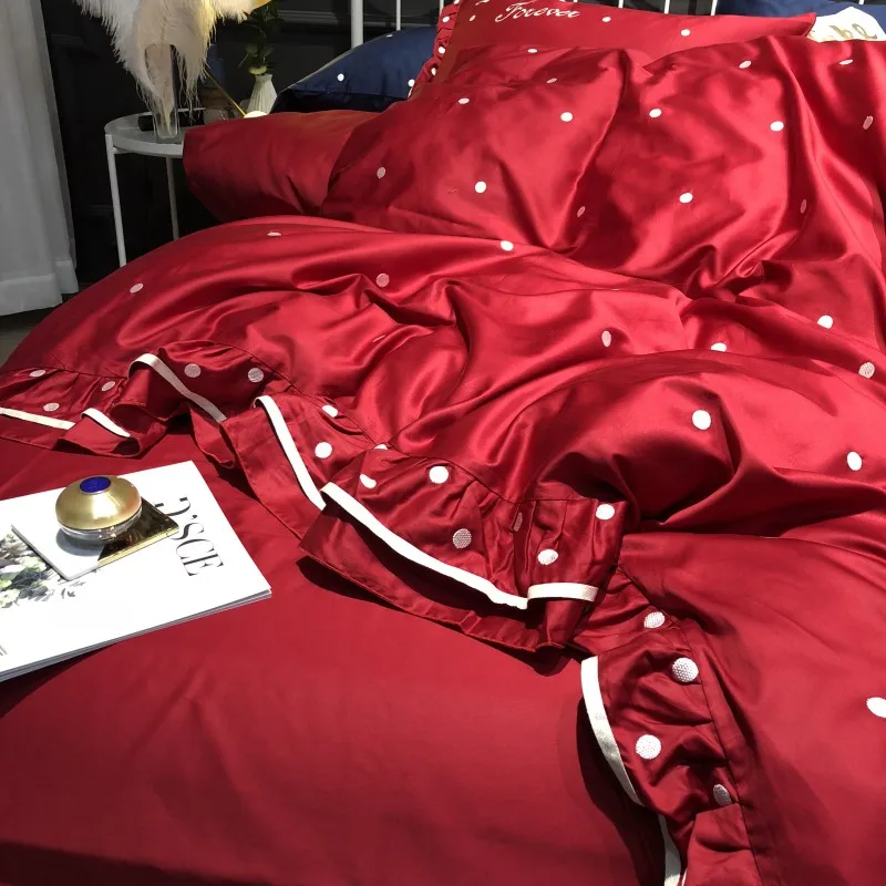 Red with white spots egyptian cotton luxury Bedding Set queen king size bed set Bedsheets linen Europe embroidery Duvet cover | Дом и сад