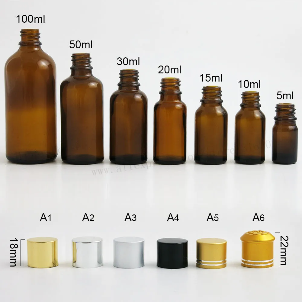 

360pcs/lot Glass Amber Bottle With Aluminum Cap 5ml 10ml 15ml 20ml 30ml 50ml 100ml Brown Glass Essential Oil Cosmetic Vials