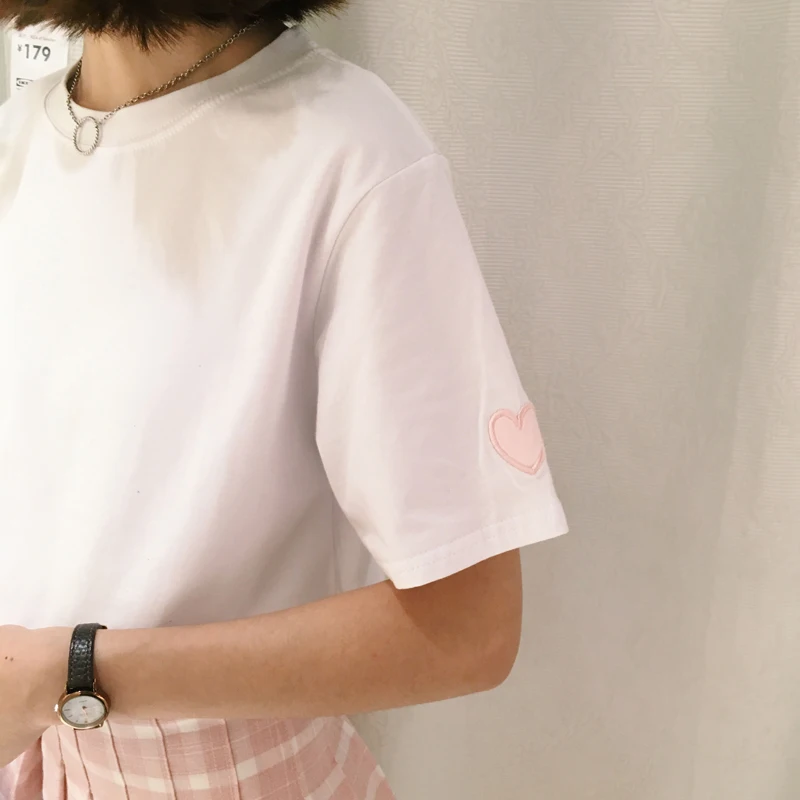 2019 корейский розовый рок Летний стиль harajuku рубашка Женская kawaii Любовь персик в