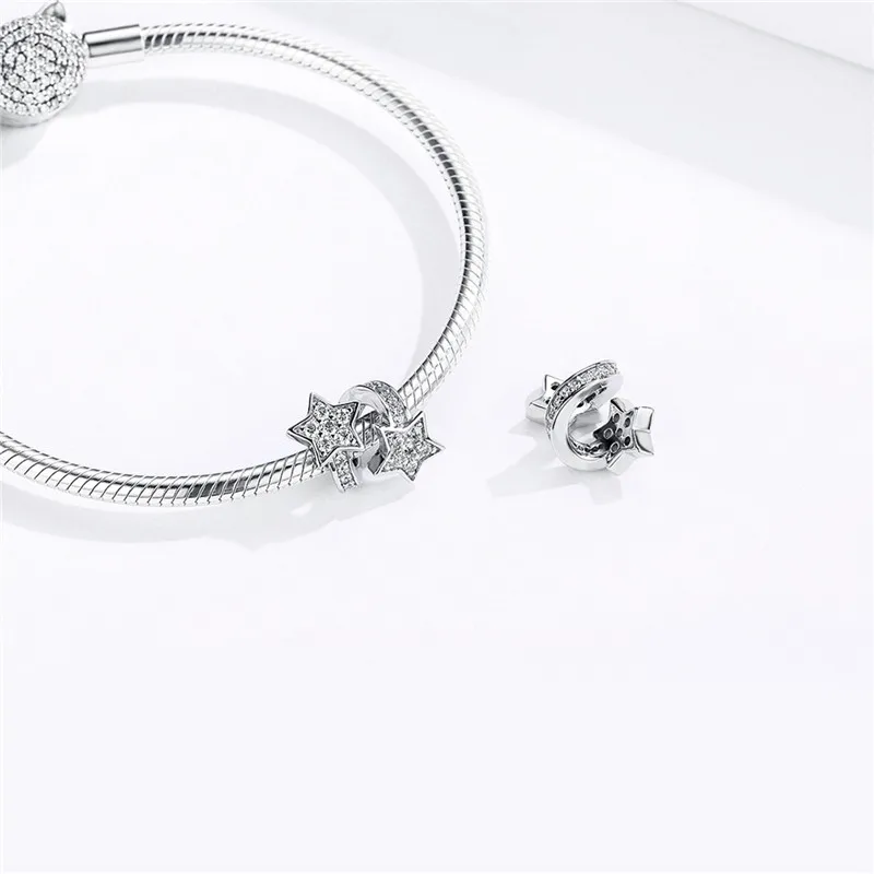 Браслет Pandora,, 925 пробы, серебряный, со звездами, бусины, S925, белый, CZ, метеор, блестящие Подвески для изготовления ювелирных изделий