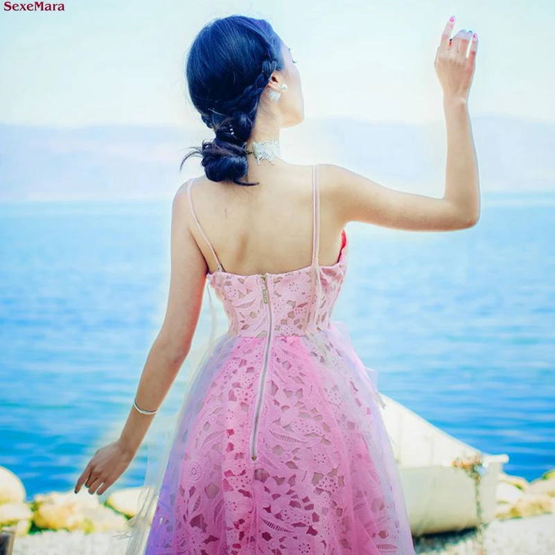 SexeMara fashion The New Backless Sling V collar Lace Splice rainbow Net yarn Holiday Beach dress Free shipping | Женская одежда