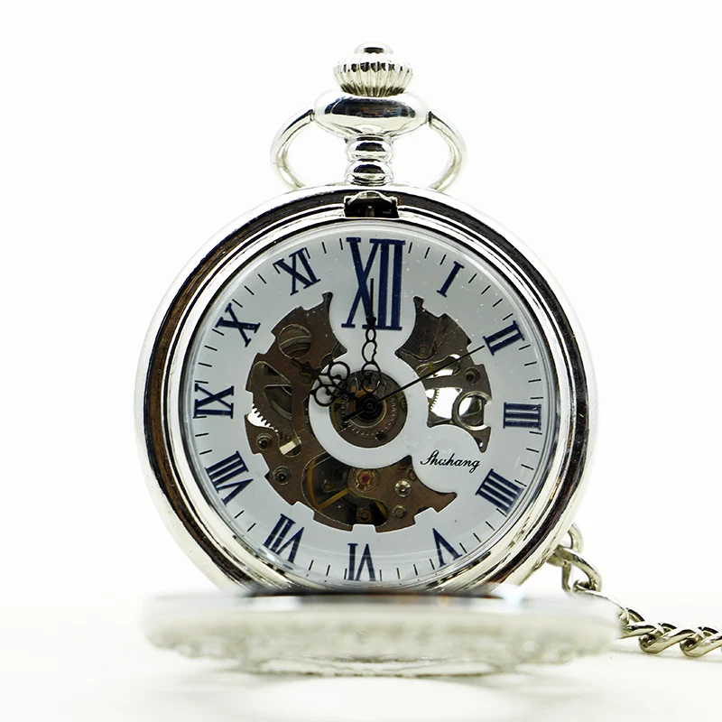 Silver Clamshell Hand Wind Mechanical Pocket Watch With Box Men Women Skeleton Gears Watch Gift