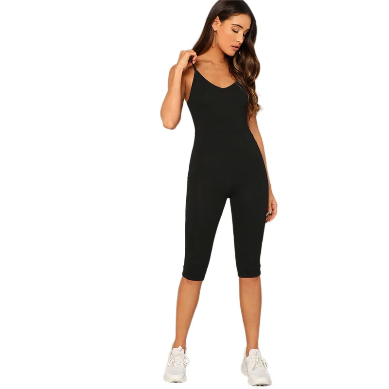 SweatyRocks однотонный обтягивающий комбинезон на бретельках, одежда для активного отдыха, сексуальный эластичный черный комбинезон, летний женский комбинезон на бретельках