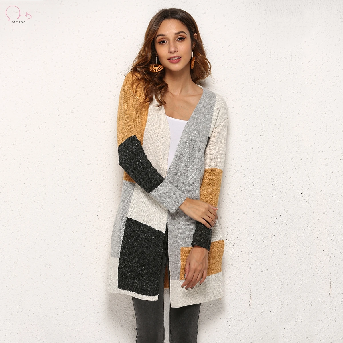 AFIRE LEAF Women's Sweaters Winter New Contrast Color Vintage Multi-color Stitching V-neck Streetwear Cardigan T253 |