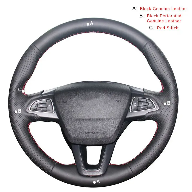 Genuine Leather Автомобильная оплетка на руль для Ford Focus 3- Kuga- Escape C-MAX Ecosport - Название цвета: Genuine Leather