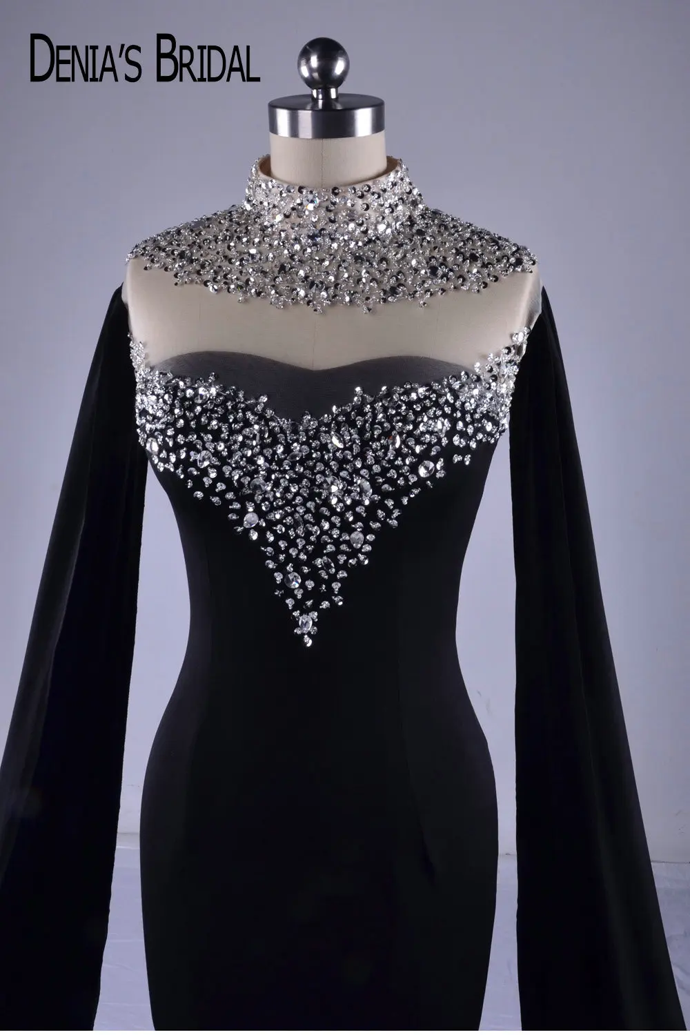 2020 Black High Neck Evening Dresses Real Image Mermaid Beaded Sequins Sweep Train Gowns | Свадьбы и торжества