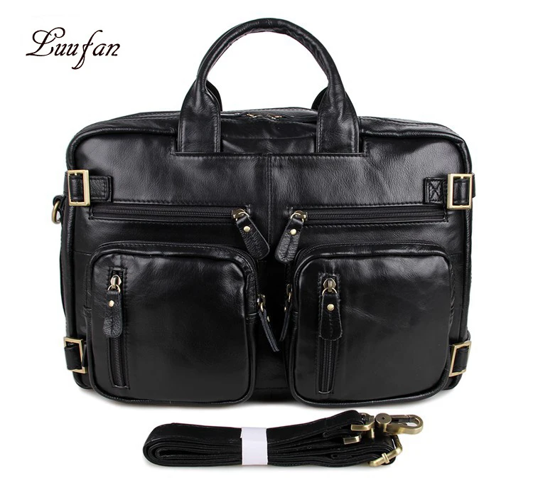 Man genuine leather business briefcase soft cow leather 15 inch laptop handbag tote big capacity shoulder messenger bag black