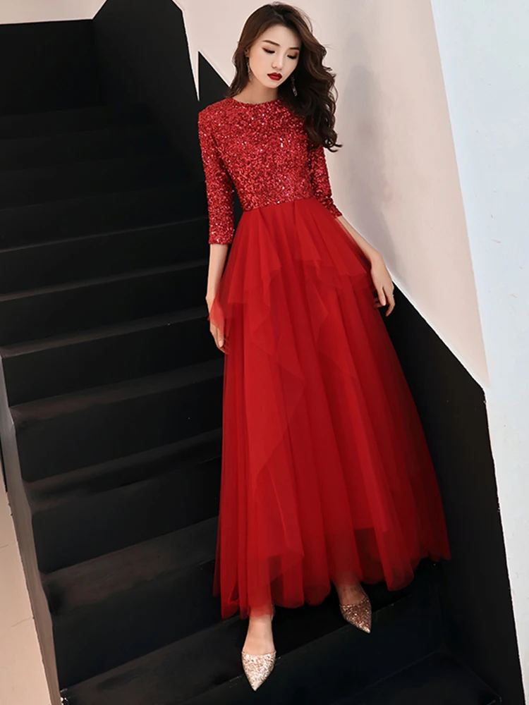 Robe De Soiree Evening Dress 2019 Shiny Sequined O-neck Tiered Pleat Wine Red Dinner Gowns LF414 | Свадьбы и торжества