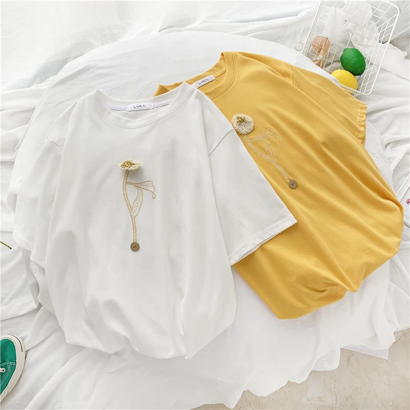 Женская футболка с цветочной аппликацией милые топы в стиле Харадзюку летняя