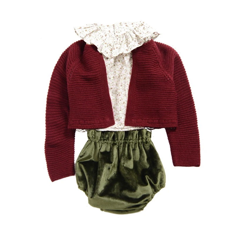 

2019children Autumn1-4 Years Spanish Girls Floral Shirt Velvet Shorts Knitted Cardigan Girls Set Toddler Girls Quality Clothes