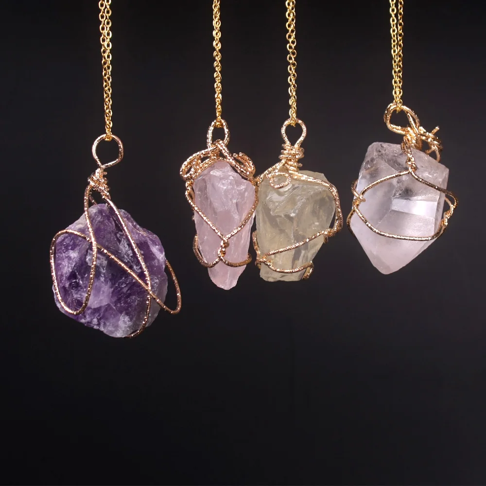 

New Classic Handmade Twining Irregular Natural Stone Pendant Purple Crystal Pink Quartz Crystal Necklace For Women