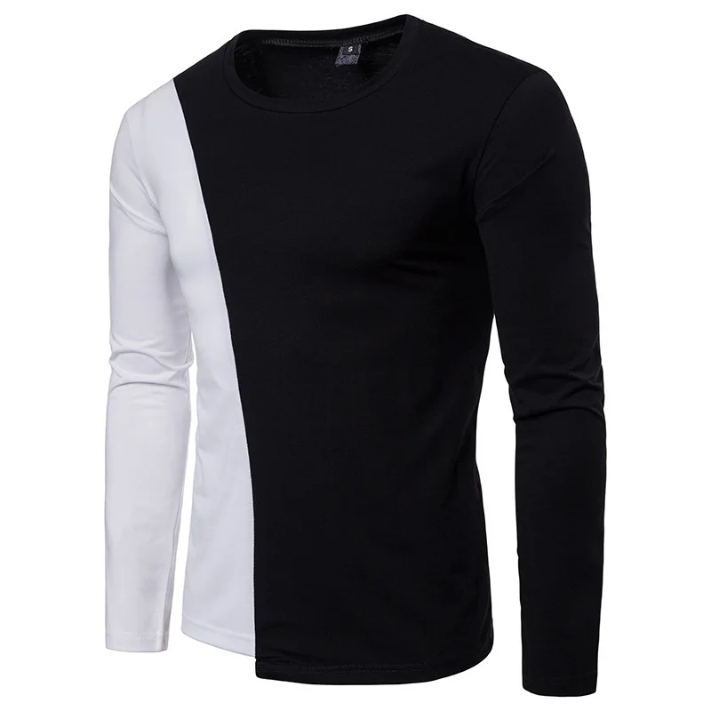 Mens fashion autumn winter two color stitching design casual round T shirts neck long sleeves clothing t shirt male tops | Мужская