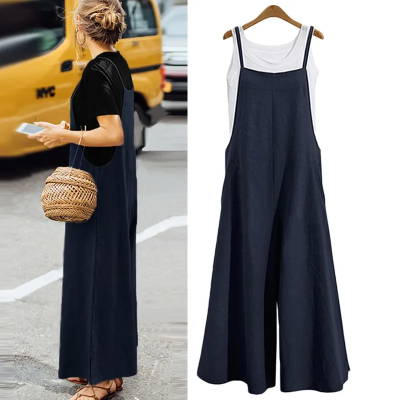 

Plus Size New Women Cotton Linen Pockets Long Wide Leg Romper Strappy Dungaree Bib Overalls Casual Loose Solid Jumpsuit Trousers