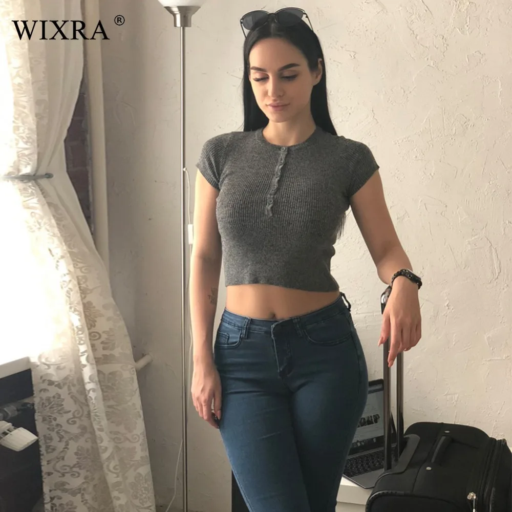 Wixra Basic Sweater 2018 Women Summer Knitted Sweaters and Pullovers Short Sleeve Shirts Solid Slim Cropped | Женская одежда