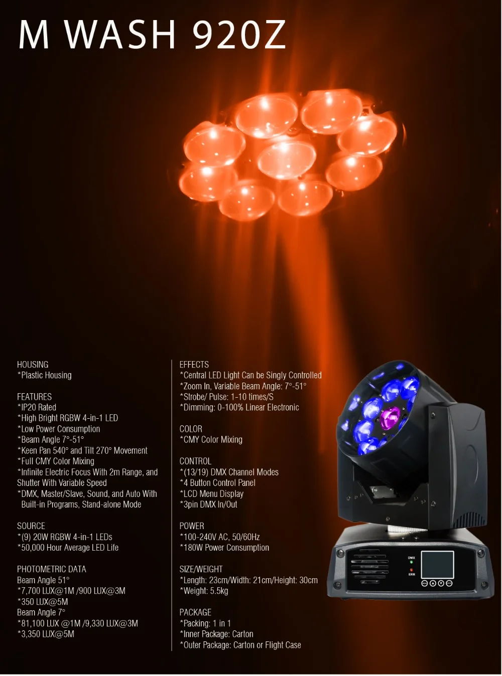 Светодиодный прожектор с движущейся головкой 9x20 Вт RGBW 4 в 1 DMX512 | Лампы и освещение
