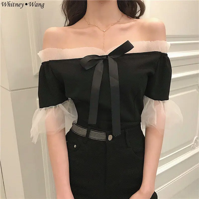 WHITNEY WANG 2019 летняя модная Уличная Сексуальная блуза с вырезом лодочкой и бантом