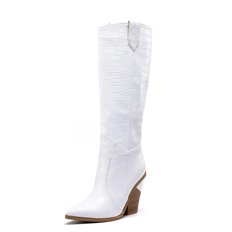 WETKISS Plus Size 46 Knee High Western Boots Women Cowboy Boot Female Pointed Toe Sexy Shoes 11 Colors High Heels Shoes Winter - Цвет: White