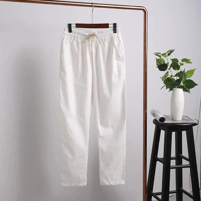XL-4XL размера плюс модные летние обтягивающие женские яркие цвета свободные брюки карандаш хлопковые льняные брюки с карманами и эластичной резинкой на талии - Цвет: white