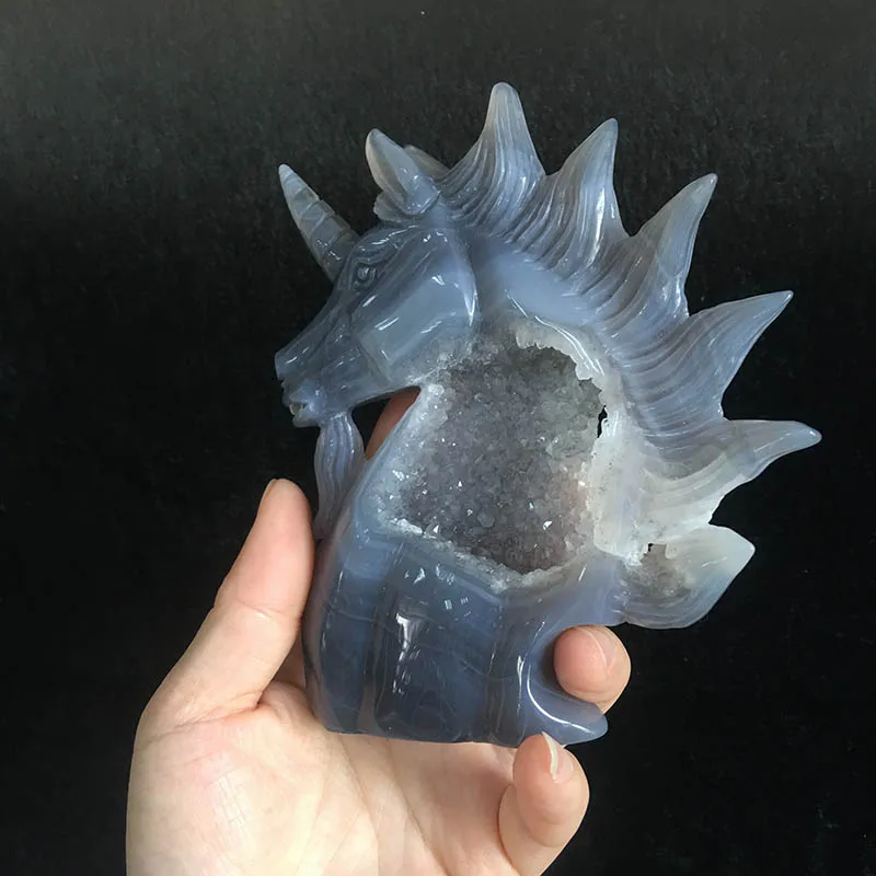 Уникальный волшебный орнамент ручной резной натуральный агат geode Единорог из горного хрусталя MJP