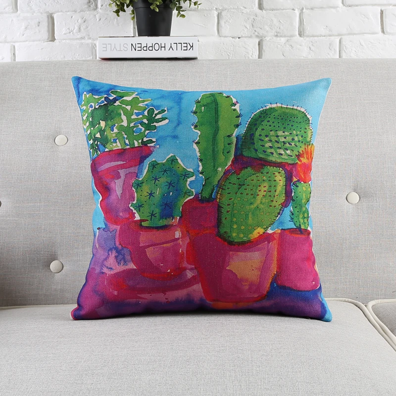 Чехол на подушку винтажная цветная Подушка с изображением кактуса в натуральном
