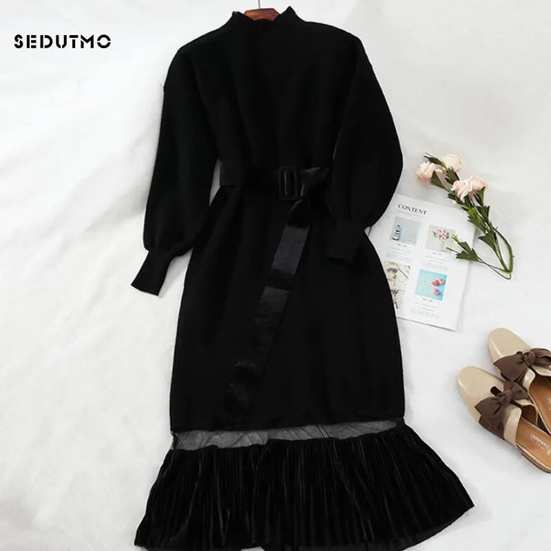 SEDUTMO зимнее кружевное платье-свитер Женская Туника бархатные Базовые платья