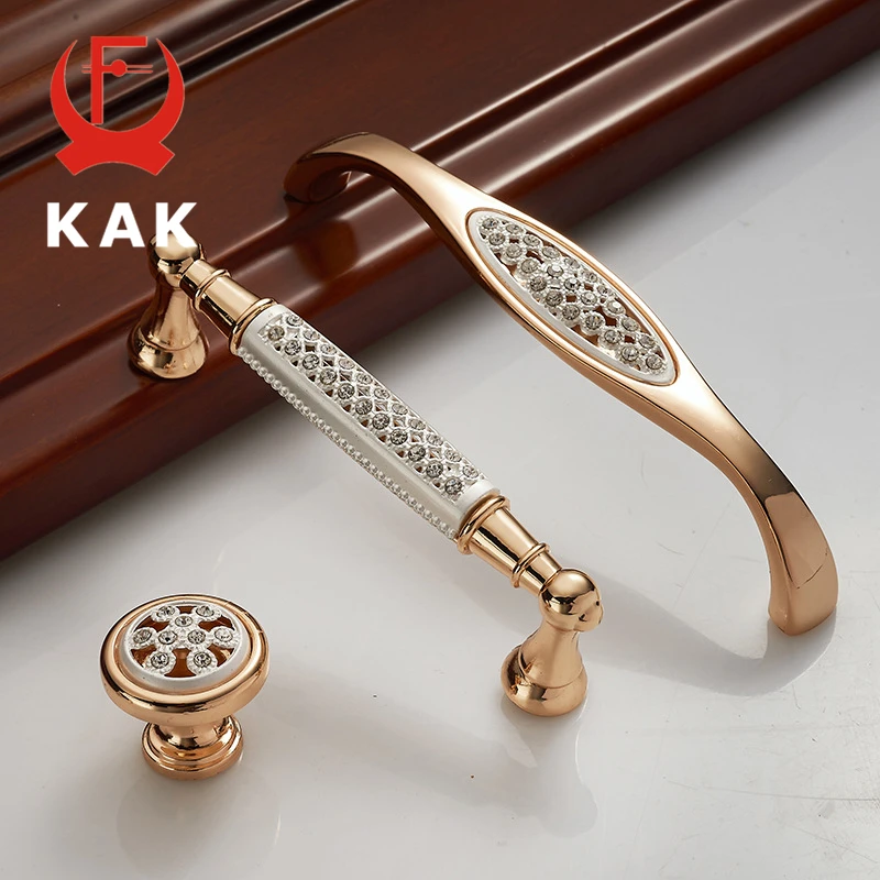 KAK Champagne Gold Door Handles With Diamond Luxury Zinc Alloy Cabinet Drawer Knobs European Wardrobe Furniture Pulls Hardware
