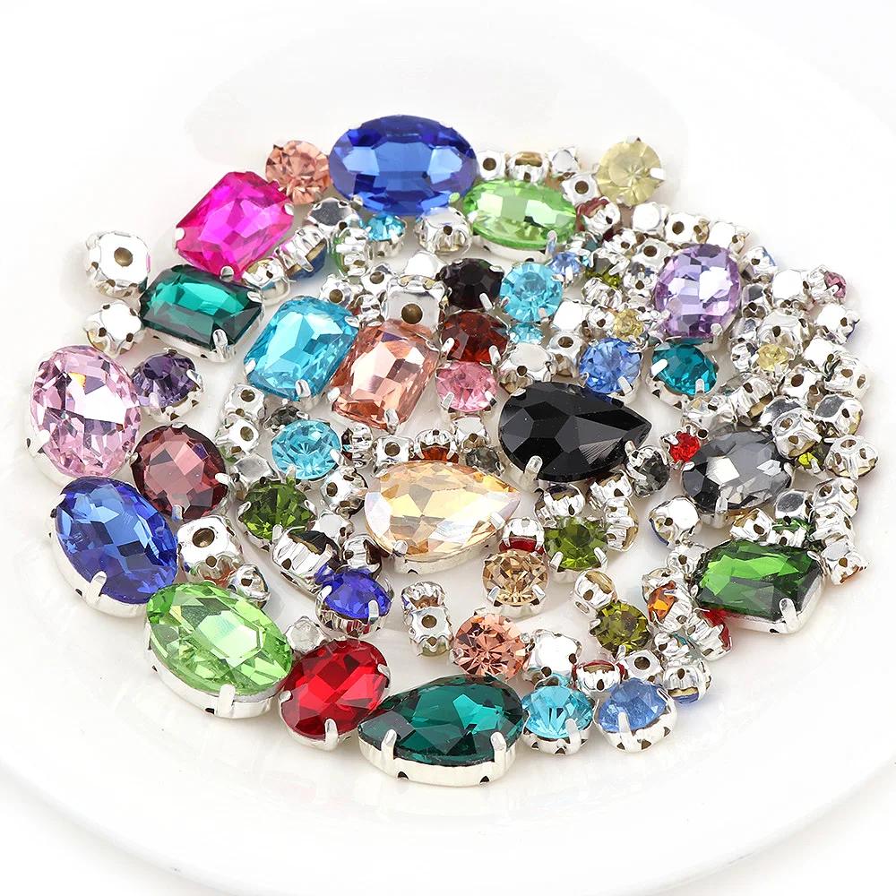 100 шт. прозрачные стеклянные стразы разной формы для пришивания с когтями