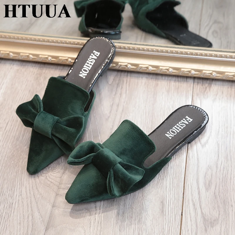 HTUUA/летние туфли без задника из флока женские шлепанцы с острым носком на плоской