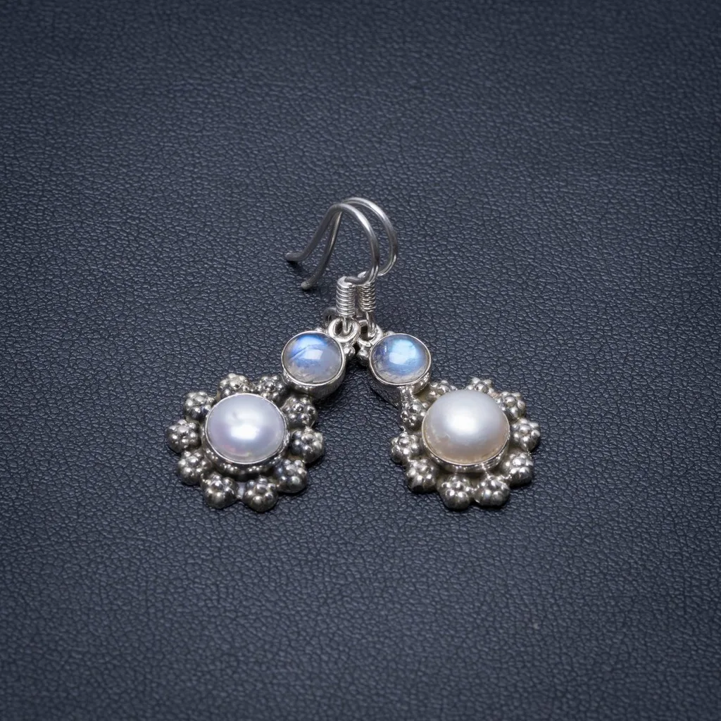 

Natural River Pearl and Rainbow Moonstone Punk Style 925 Sterling Silver Earrings 1 1/4" S1361