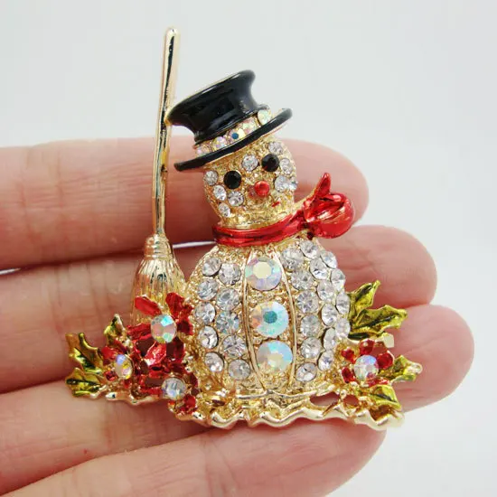 

Lovely Christmas Snowman Besom Flower Brooch Pin Clear AB Rhinestone Crystal