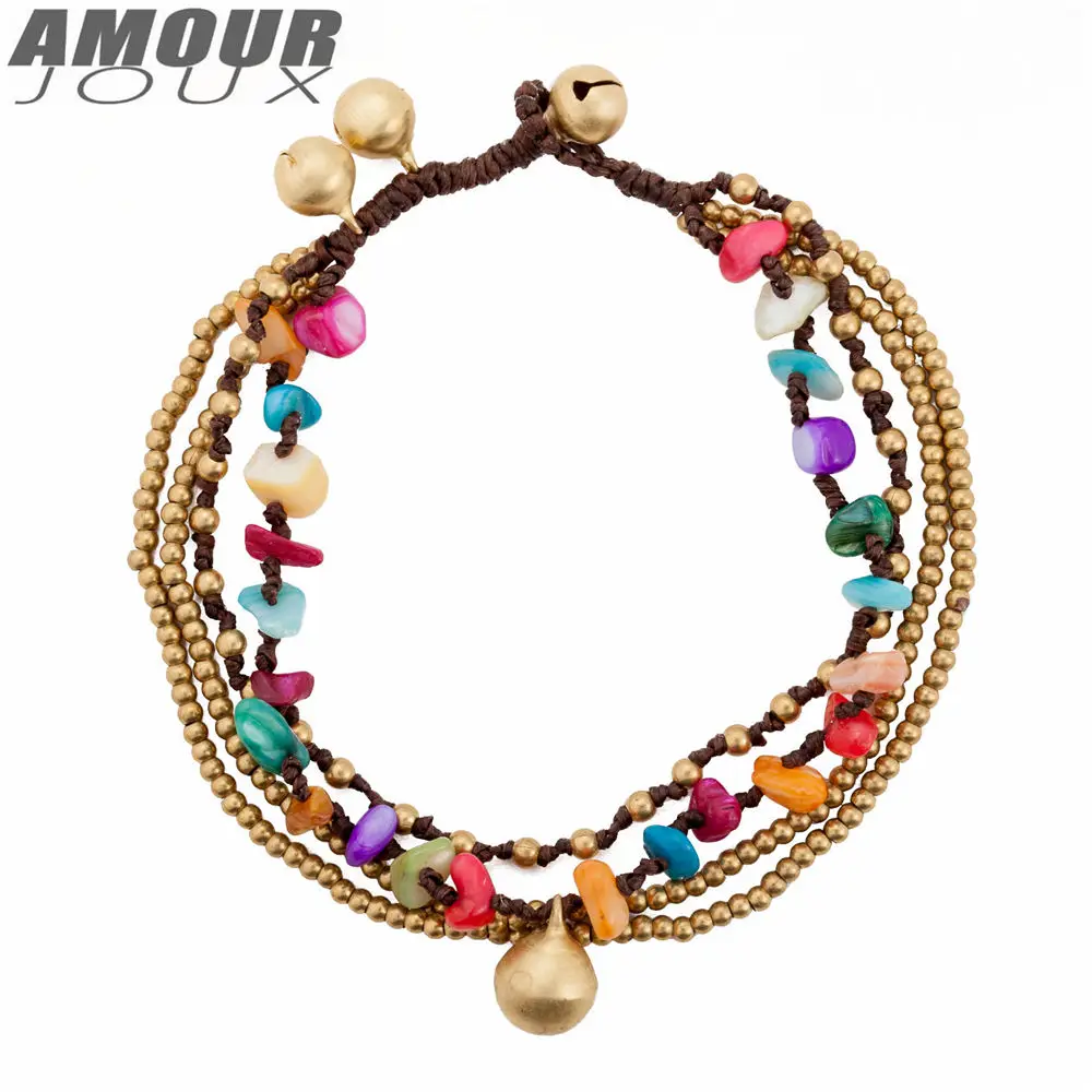 AMOURJOUX, многослойные, ручной работы, 5 цветов/камни, колокольчики, ножные браслеты для женщин, браслет на лодыжку, женский браслет на ногу, Женские Ювелирные изделия
