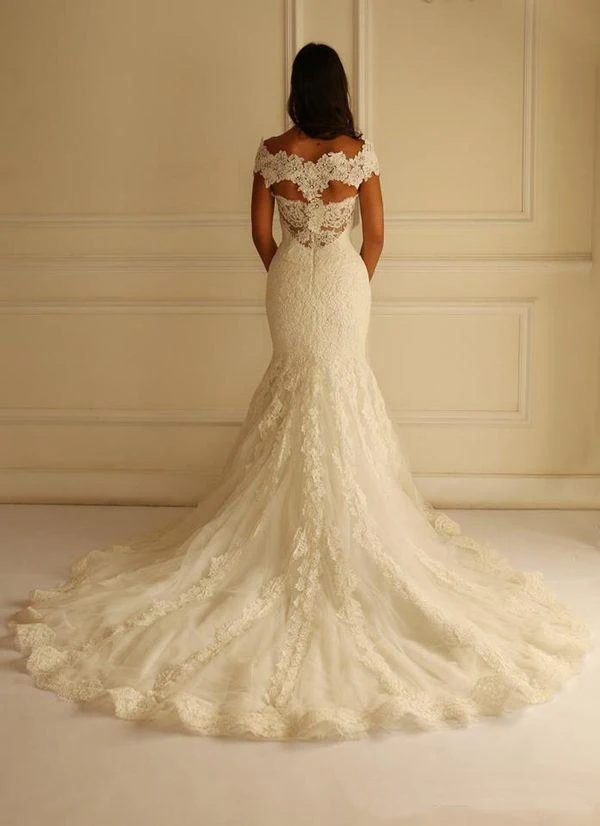 

Fitted Off Shoulder Wedding Dress Mermaid Lace Short Sleeve