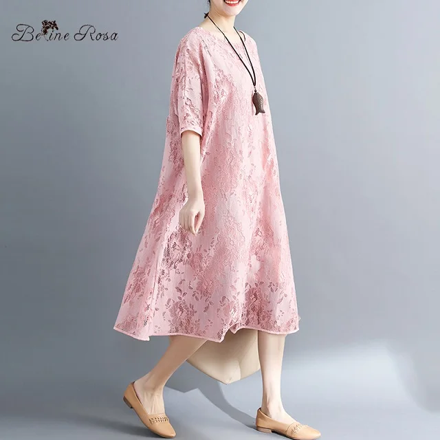 pink BelineRosa размера плюс женская одежда свободного покроя кружевное платье для дам 3 цвета размера плюс платья YPYC0001 - Цвет: pink
