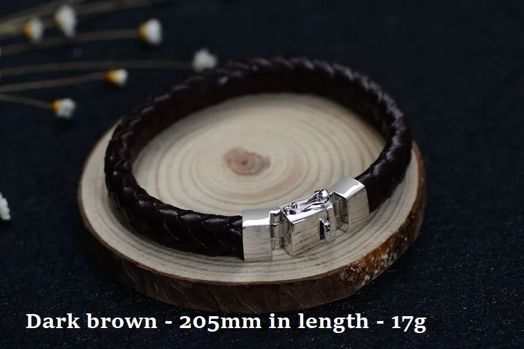 Dark brown leather Ручной работы, 925 Серебряный кожаный браслет, 925 пробы кожаный мужской браслет, тонкий кожаный плетеный браслет, мужской браслет - Окраска металла: Dark brown leather