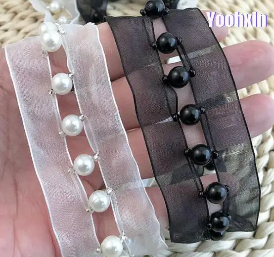 5cm Wide HOT DIY black white beads flower Lace Fabric 3D applique ribbon trim Embroidery Bridal collar Sewing guipure decor