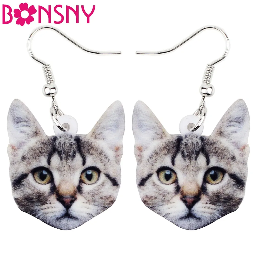 Женские акриловые сережки подвески Bonsny длинные висячие серьги с котом и котенком
