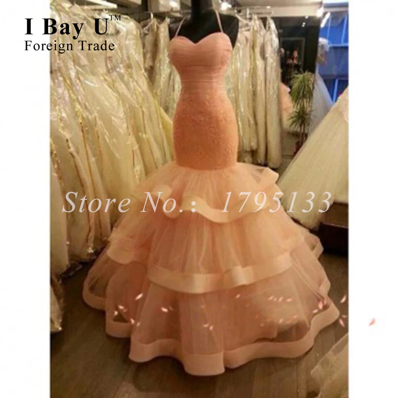 С оборками Русалка оранжевый современный стиль Тюль Аппликации Свадебные платья