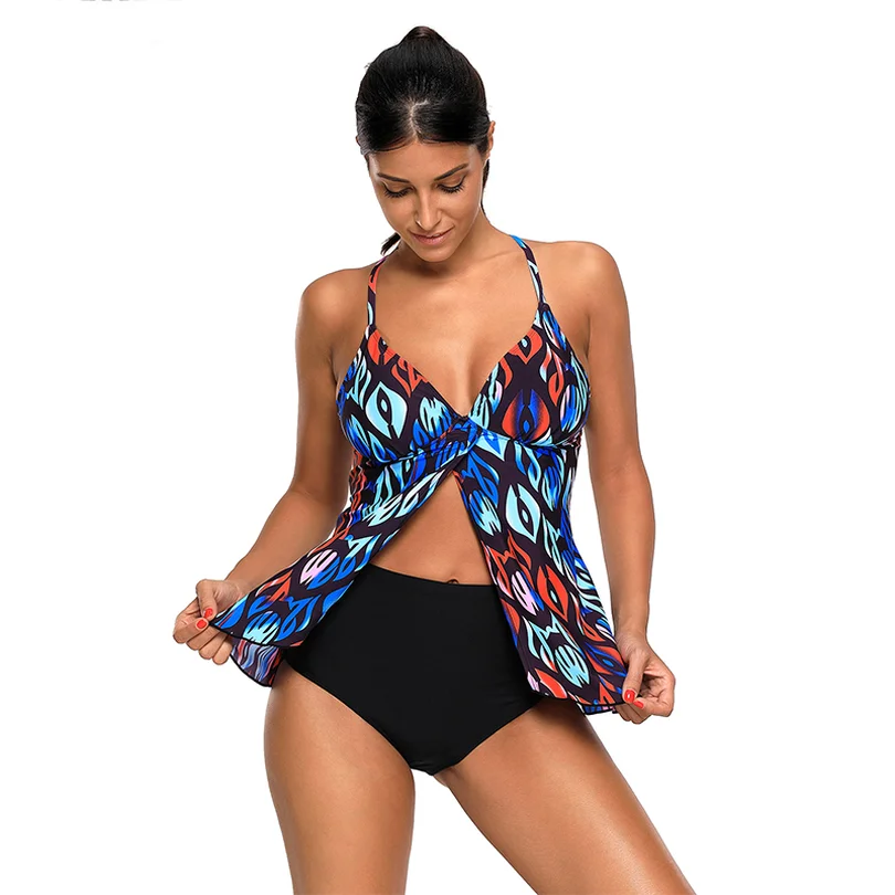 2 шт. Большие размеры купальники синий коралловый с разноцветным принтом