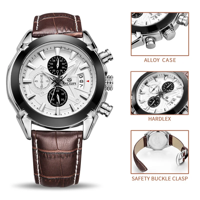 MEGIR оригинальные мужские кварцевые часы Reloj Hombre кожаные деловые часы мужские часы с хронографом армейские военные часы спортивные мужские