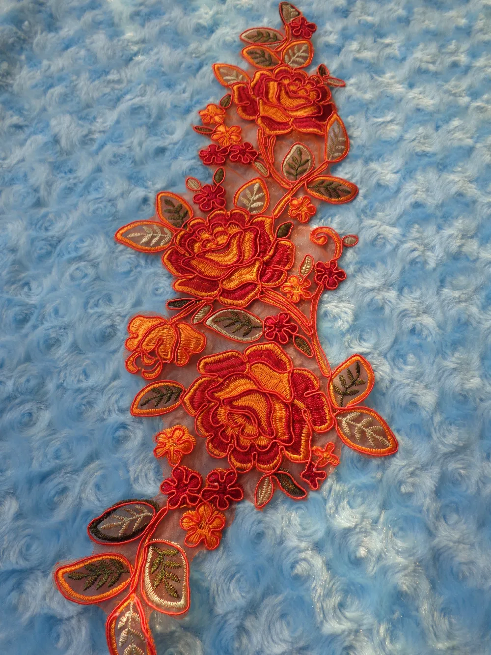 Пришивная разноцветная кружевная аппликация оранжевая/зеленая водорастворимая