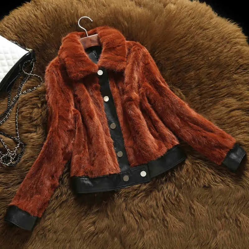 

Contrast color patchwork natural mink fur jacket women turn down color full sleeve real mink fur coat 2019 autumn winter