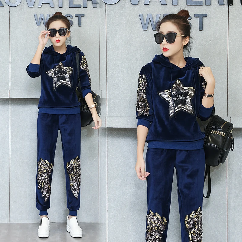 

women new winter pleuche velvet thickening hooded fleece two-piece suit korean fashion sequins movement velvet hoodies pants