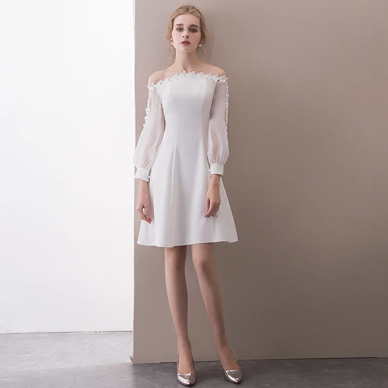 SSYFashion Новые короткие простые коктейльные платья белый вырез лодочкой с длинными