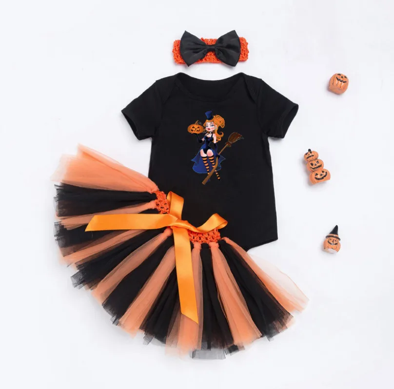 Hot Newborn Baby Girls Rompers Children Pumpkin Print Jumpsuit Tutu Skirt 3 piece Clothing Set Kids Halloween Party Outfits Gift | Мать и